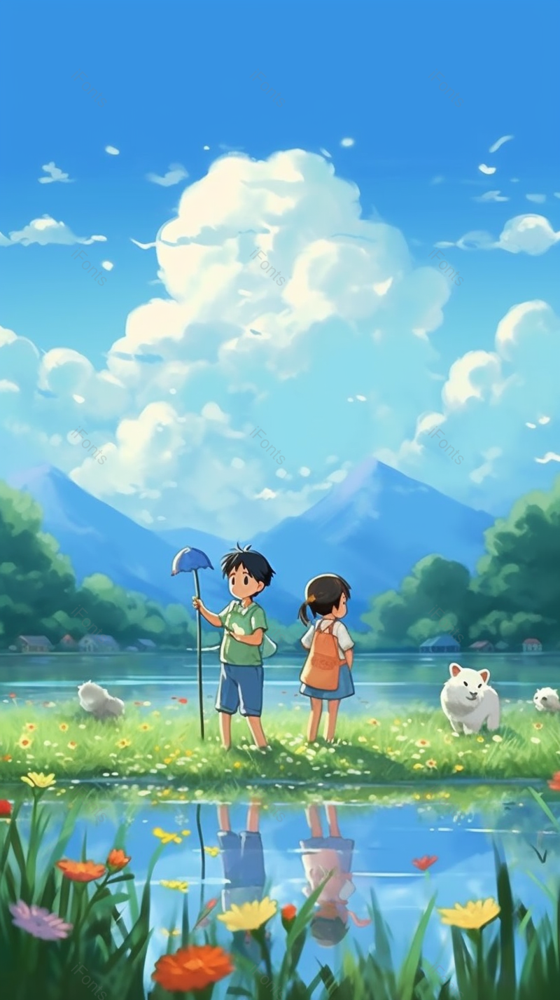 小清新儿童节唯美动漫风格大自然水面倒影插画,插画/手绘图,插画/手绘图库,插画/手绘图下载,插画/手绘